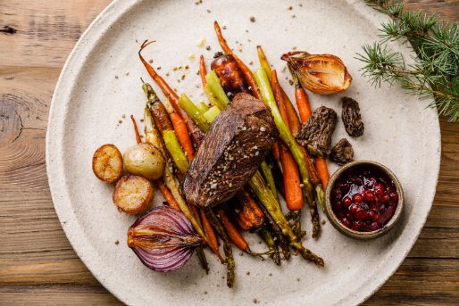 Grilled Venison Steak with Baked Vegetables and beats